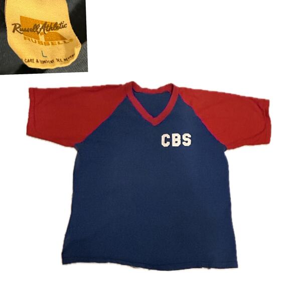 1970s CBS Records Russell Raglan Color Block Single Stitch T Shirt / Men’s S/M * - Picture 1 of 4